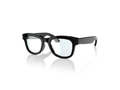 Gafas inteligentes con montura negra y lentes transparentes, vista frontal con reflejo