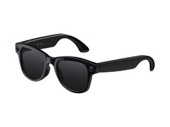 Gafas inteligentes con montura negra y lentes oscuros, vista de tres cuartos