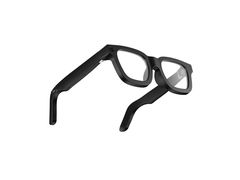 Gafas inteligentes con montura negra y lentes transparentes, vista de tres cuartos