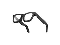 Gafas inteligentes con montura negra y lentes transparentes, vista de tres cuartos con las patillas