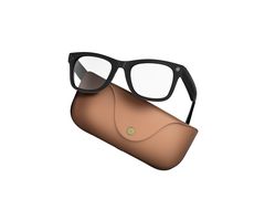 Gafas inteligentes sobre su estuche de carga marrón