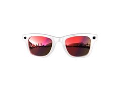 Gafas inteligentes con montura blanca y lentes rojos, vista frontal