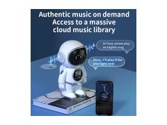 Música bajo demanda desde una biblioteca en la nube, con el robot junto a un teléfono